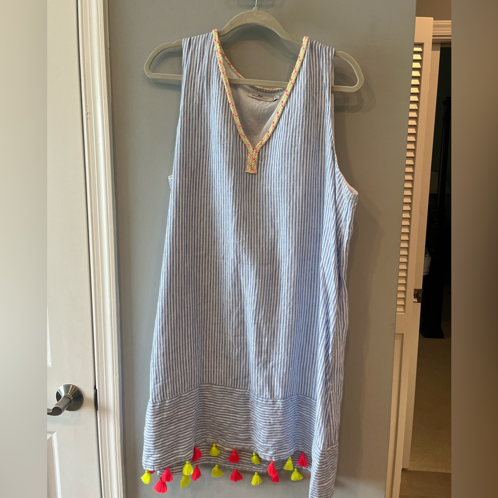 Vineyard Vines Light Blue and White Striped Mini Dress with Neon Tassels